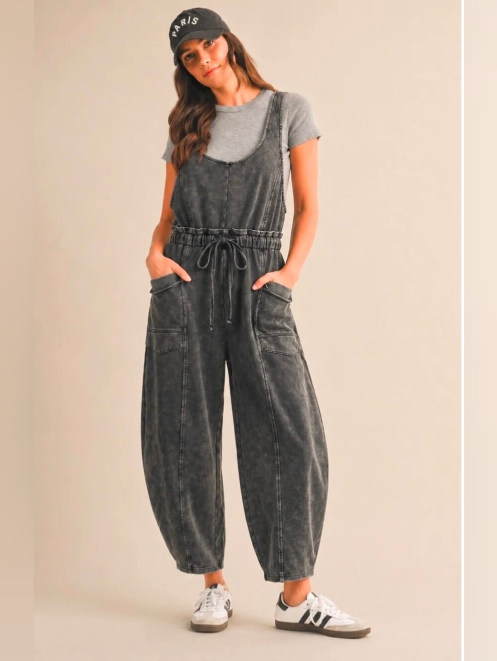 Assorted Sizes-Women's Mineral Washed Black Cargo Knit Jumpsuit-NWT